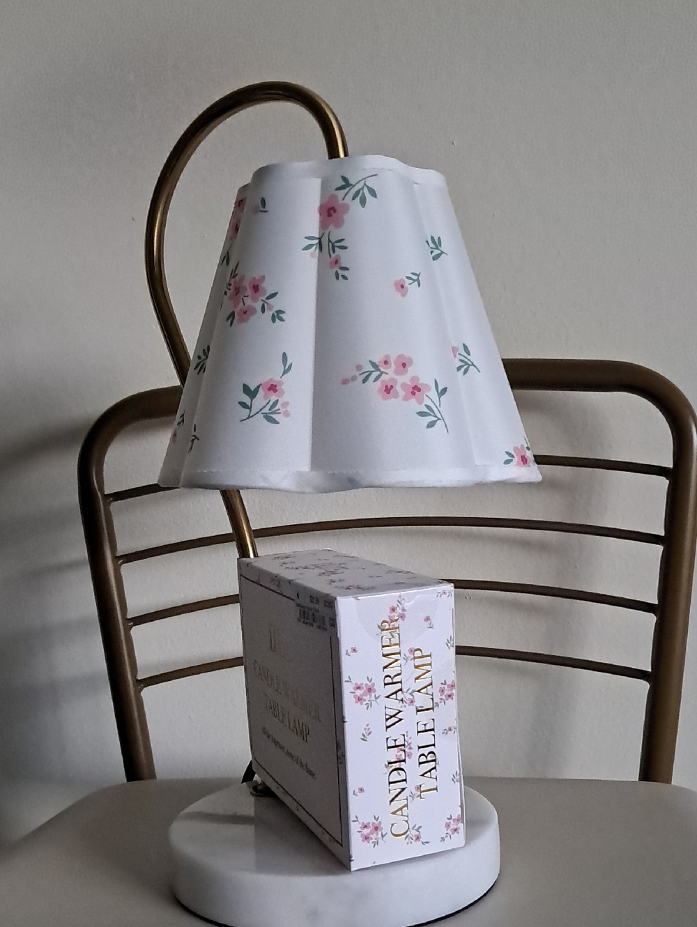 Floral White Candle Warmer Table Lamp with Pink Blossom Shade